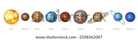 Solar system planets set in realistic design. Sun and outer space gas giants Jupiter and Saturn, ice Uranus Neptune, Pluto. Rocky Mercury, Venus and Earth, Mars colorful vector illustration