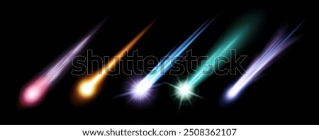 Space meteor, asteroid with fire trails realistic. 3d meteorite space object falling down, lying fireball or meteor with fire neon light trail. Vector comet with tail of flame, burning rock