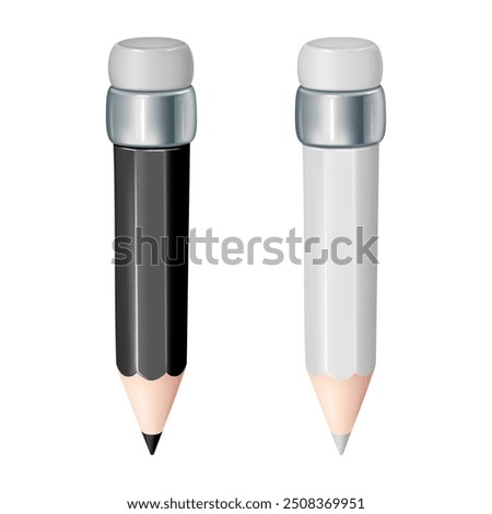 Pencils with rubber for erasing. Vector isolated set of drawing and writing instruments. 3d icon of realistic tool for artists, school and office supplies. Stationery with blank surface for ads