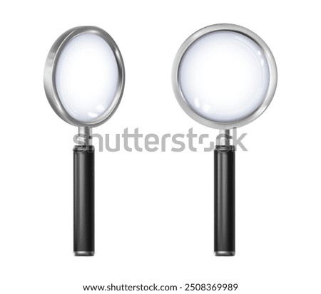 Magnifying glass with handle, isolated realistic magnifying optical tool for zooming in. Vector symbol of research and science, loupe for scrutinizing and searching information, exploration