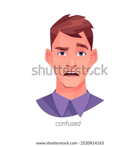 Confused man with raised brow and open mouth. Vector isolated flat cartoon character expressing emotion of confusion and unpleasant surprise. Uncertainty or reaction to unclear situations