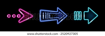 Neon right arrows, isolated pointer symbols. Vector shining retro light signs. Banner design, advertising signboard elements. Illuminating indicators for casinos and nightclubs, bar or motels