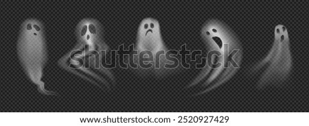 Halloween ghosts with sad and creepy faces. Vector isolated set of apparitions with blurry bodies. Flying haunted monsters, spooky ghouls or spirits effect. Decor for invitation card or party