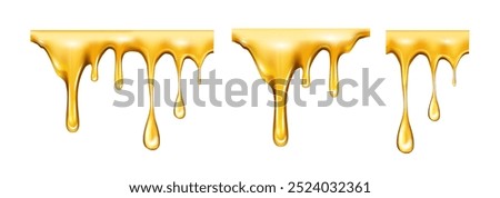 Sweet nectar from flowers blossom dripping, isolated realistic honey liquid with drops. Vector organic and natural production, beekeeping and apiary, apiculture and high quality product