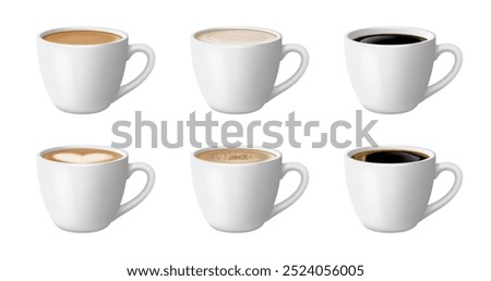 Coffee cup with espresso or latte macchiato hot drinks with foam and cream in white cups or mugs. Vector illustration of refreshing aromatic energy drinks. Delicious iced americano with heart of foam