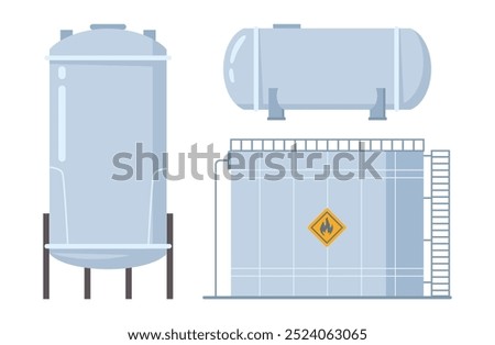 Liquefied petroleum gas reservoirs for domestic or industrial usage. Vector isolated set of containers for storage of petroleum in stations. Cylinder or tank with label of caution or danger