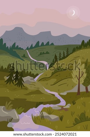 Landscape of evening valley view, river and mountain hills vector illustration. Scenic stream and mountains on horizon background. Cartoon flat panorama of spring summer nature, green grasslands