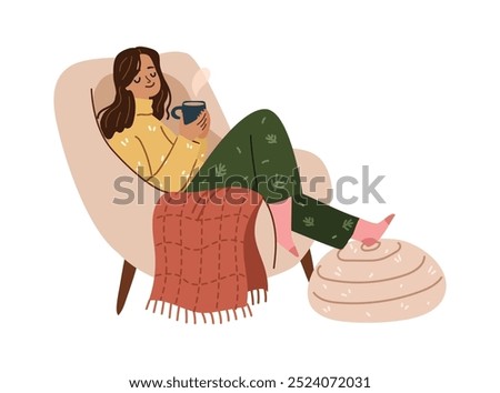 Happy woman holding glass mug with hot drink cartoon, winter landscape outside. Vector isolated girl sitting in armchair, cozy winter rest at home. Female drinking tea or coffee by window