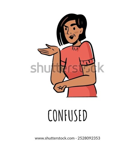 Baffled woman showing confused reaction or emotion. Vector flat cartoon female character gesturing and expressing emotional response with mimic. Astonished or stunned, puzzled lady girl