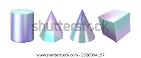 Cubic and conic geometric shapes. Vector isolated set of holographic gradient forms with metallic shine. Modern minimalist figures, cube and conus, polygonal design, 3d composition with texture