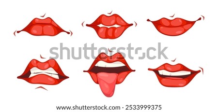 Face parts of cartoon character. Vector isolated set of mouths showing disgust and smile, grin and disgust. Irritated or annoyed personages facial expression. Lips sync, teeth and tongue for comic