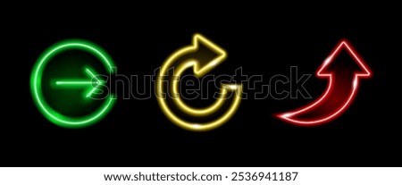 Neon arrow signs, isolated realistic glowing web icons in various shapes. Vector bright pointers, next page and reload symbols for user interface and experience. Advertising signboard elements