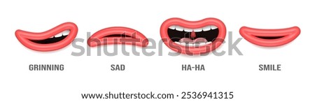 Lips sync character animation with teeth and tongue, isolated realistic mouth expressions. Vector female emotions articulation, education shape. Grinning and sad, laughing and smile mimics