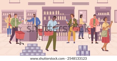 Customers in grocery store choosing products. Vector in flat style, people selecting goods to buy. Buyers with baskets holding shoppers and carts filling with goods from hypermarket, chores