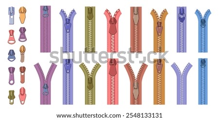 Clothing design and tailoring items. Vector in flat style, isolated set of modern and simple colorful zippers and pullers for men and women clothes. Connecting pieces of fabric, sweaters and jeans