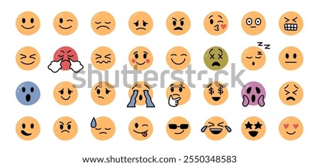 Digital images or icons set. Vector smiling and grinning, beaming and laughing, peaceful and sleepy, angry and shocked, in love and stylish with sunglasses emotions for social media