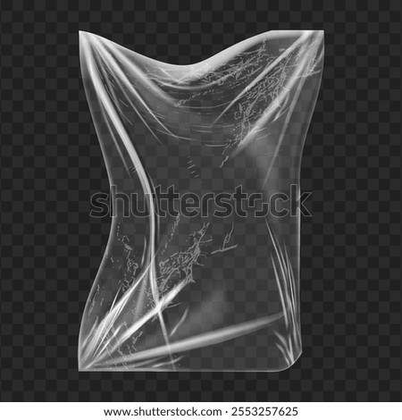 Crumpled stretch film plastic with wrinkles. Vector isolated realistic wrapping or package for food or products. Torn and deformed texture, cellophane bag or peeled off foil of goods, mockup