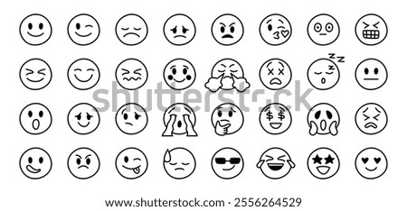 Emotions grayscale faces collection. Vector monochrome social media with different facial expressions with minimalist effect. Isolated smiling and crying, angry and happy UI interface icons