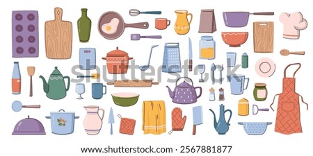 Kitchenware and tools, appliances and cutlery for cooking. Vector kitchen utensils, equipment and accessories collection. Pan and grater, pot and kettle, apron and potholder, knives and cups