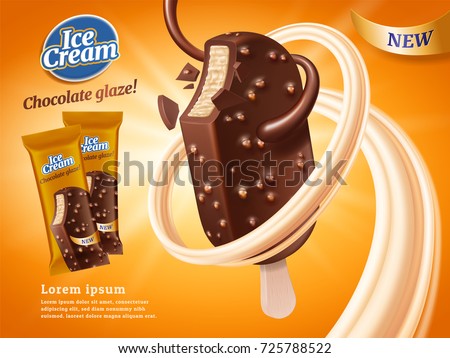 Chocolate vanilla ice cream bar ad, with chocolate and milk and peanut elements, orange background, 3d illustration.