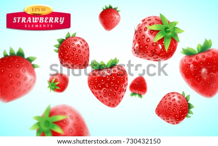 Strawberry set, detailed realistic ripe fresh strawberries with green leaves with water droplets isolated on a blue background. 3d illustration.