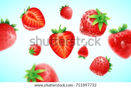 Strawberry set, detailed realistic ripe fresh strawberries with half and green leaves with water droplets isolated on a blue background. 3d illustration