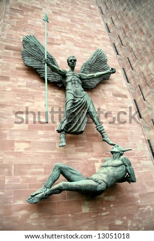 Angel Gabriel banishes Lucifer from heaven to hell in a triumph of good versus evil. The new Coventry Cathedral (England)