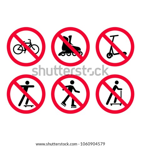 Red prohibition signs set. No bicycles, biking, no roller skating, no scooters.