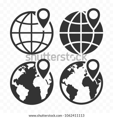 Globe web icon and location pin. Planet earth icon set with pointer pin. 