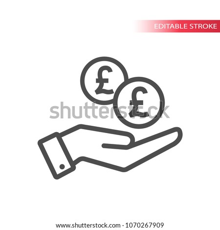Outline flat icon of pound coins falling in hand. Hand and coins dropping web pictograph. Pounds coin and a palm.