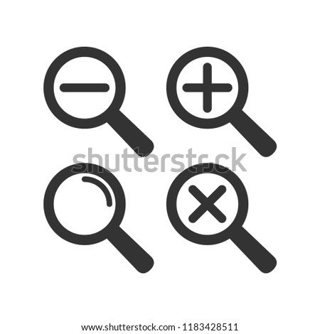 Web loupe flat icon set. Magnifying glass with plus and minus sign. Magnify icon. 