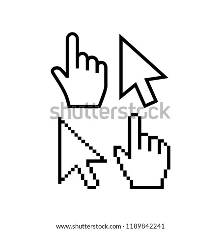 Mouse cursor vector icons. Hand cursor pointer icon, pixel and regular. Arrow poiner cursor icon, pixelated and regular, white fill color.