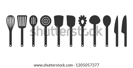 Cooking utensil set of tools. Kitchen tools black isolated vector icons. Slotted turner, spoon, knives, whisk, pasta server icons.