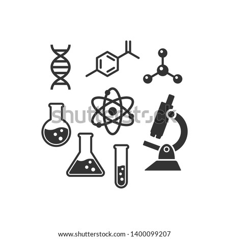 Chemistry vector icon set. Black isolated laboratory science icons. Dna chain, microscope, lab flask molecule and atom symbols.