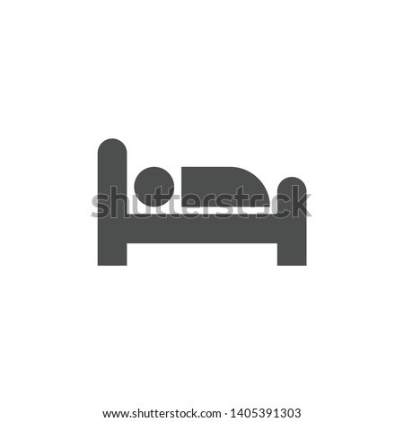 Hotel or hostel room simple glyph vector symbol. Motel, lodging stylized sign. Man in bed black flat icon.