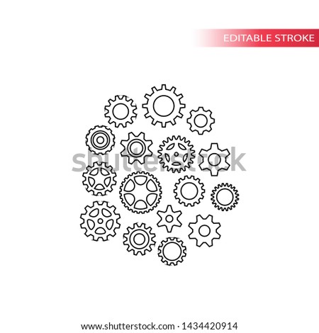 Cogwheel thin line various icon set. Gog, gear outline symbol set, editable stroke.