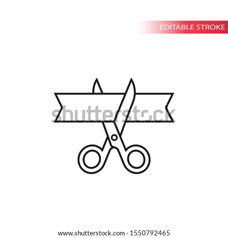 Scissors cutting ribbon thin line vector icon. Grand opening, inauguration simple outline symbol.