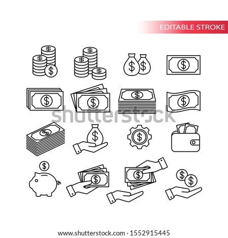 Money, dollar financial thin line vector set. Coin, money stack, wallet, banknote outline icons.