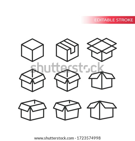 Outline box vector set. Open, closed, package parcel boxes icon set. Editable stroke.