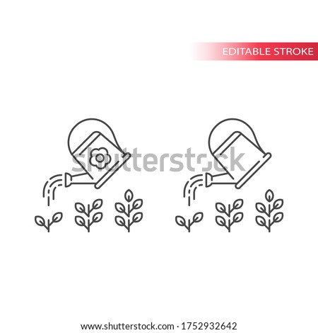 Watering can with plant, growth stages concept, business development thin line icon. Outline, editable stroke.