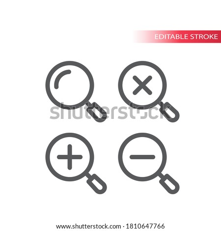 Magnifying glass, zoom thin line vector icon. Magnifier, plus and minus, simple vector symbol, outline, editable stroke.