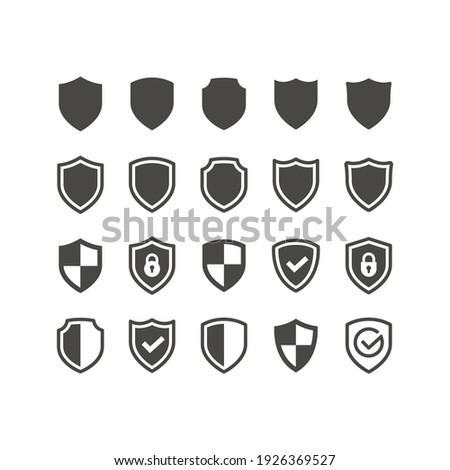 Shield black vector icon set. Shields with checkmark or tick symbol and padlock glyph icons.