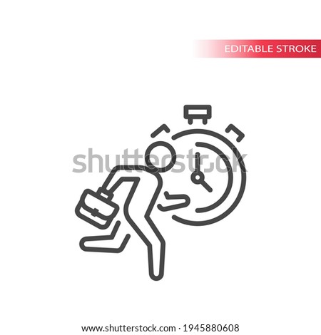Businessman running with briefcase and stopwatch clock. Timer and man, business line vector icon, editable stroke.