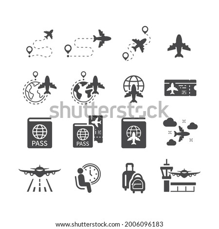 Airport, airline and airplane black vector icon set. Travel, boarding pass, flight route icons.