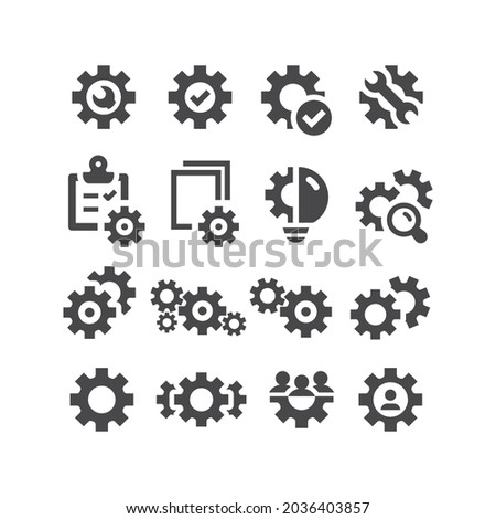 Gears, cogwheel black vector icon set. Clipboard, human resources, settings gear and cogs icons.