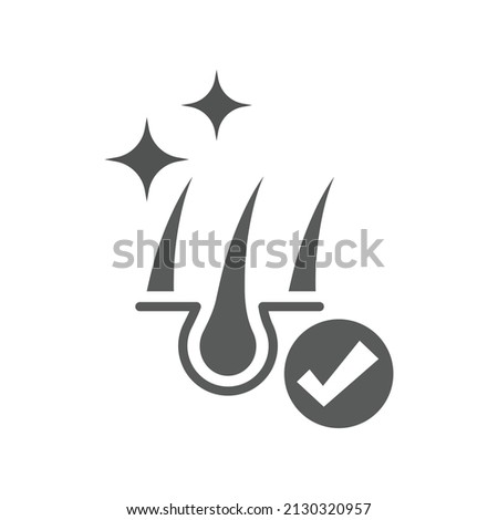 Healthy strong hair with checkmark icon. Black filled symbol.