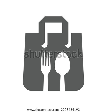 Food delivery black vector icon. Take away, take out shopping bag with spoon and fork filled symbol.