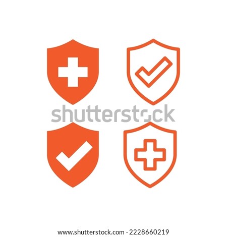 Medical shield with cross and checkmark. Vector filled health icon set.