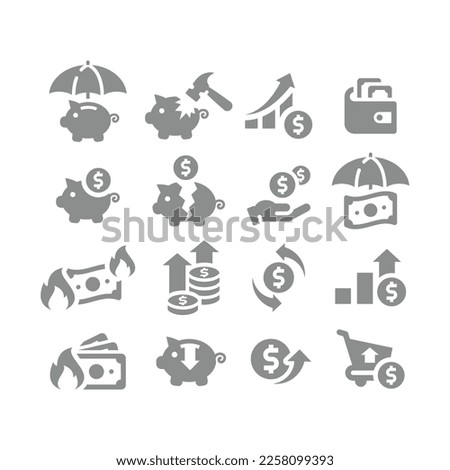 Money, inflation and financial crisis vector icon set. Broken piggy bank, rising up value, dollar bill icons.