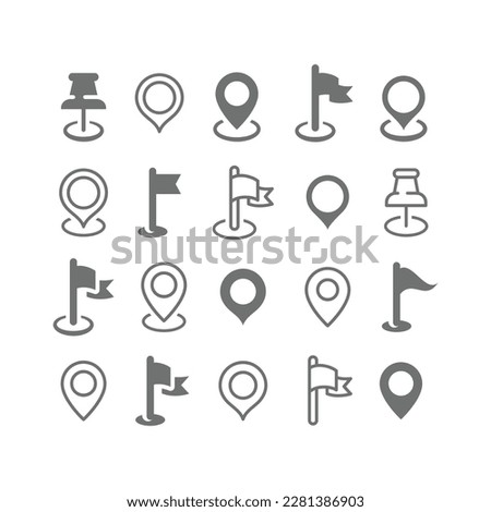 Location, map pin and flag line and fill vector icon set. Position and marker flags and pins icons.